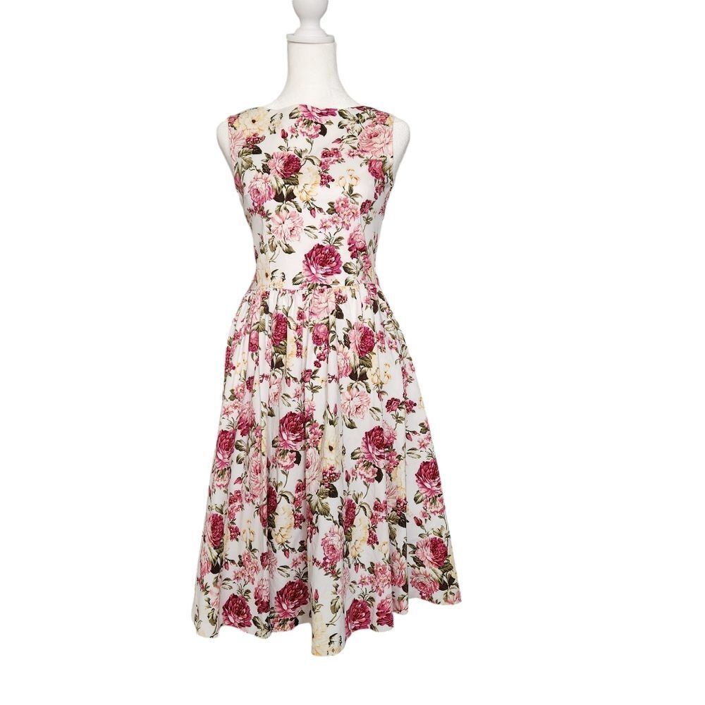 Lindy Bop Cream Floral Fit-and-Flare Dress with Pink Roses